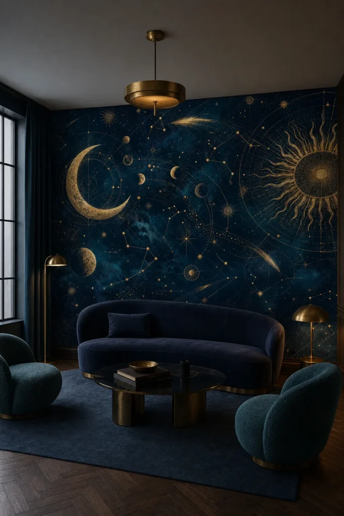 Midnight gold constellation atlas mural installed ceiling-to-floor in a moody 1930s-inspired living salon with navy velvet seating and warm brass lighting.