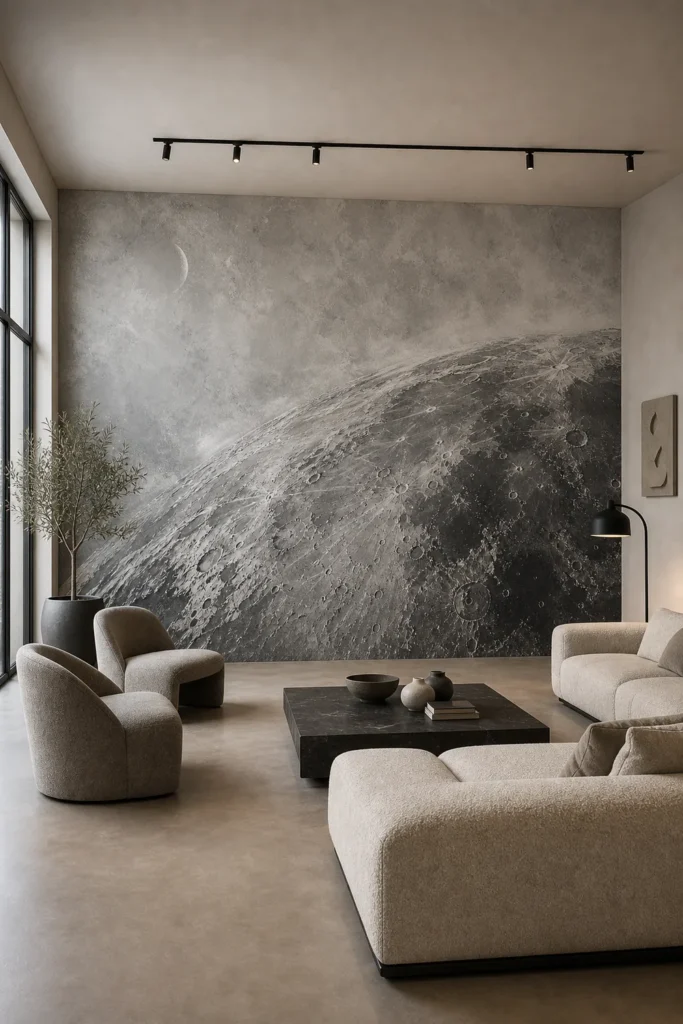 Charcoal lunar topography panorama installed floor-to-ceiling in a serene organic contemporary living room with an ivory bouclé sofa.