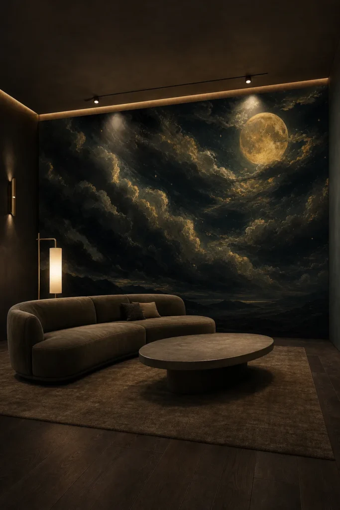 Gilded lunar tempest cloudscape mural installed across a charcoal contemporary living-room wall behind a curved sofa in warm cinematic evening light.