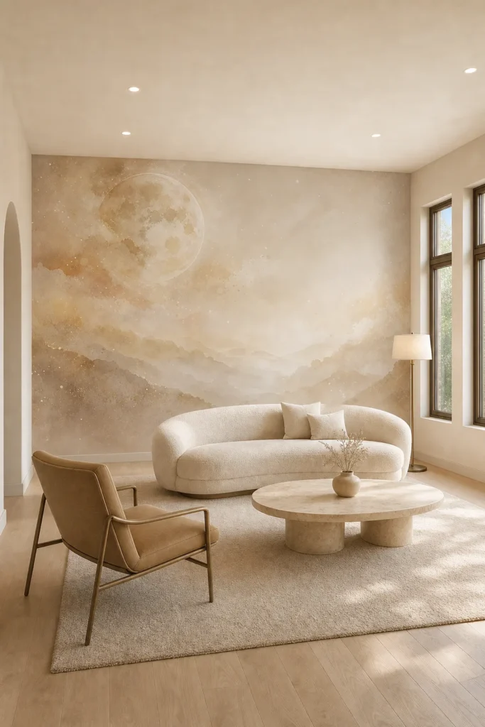 Serene organic-contemporary living room featuring a champagne mist watercolor moon landscape across the full-height main wall, with curved ivory seating and pale oak flooring.
