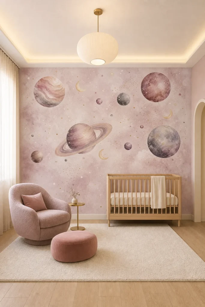 Dreamy blush watercolor planets nursery mural installed ceiling-to-floor in a refined contemporary nursery with an oak crib, mauve boucle chair, and soft morning light.