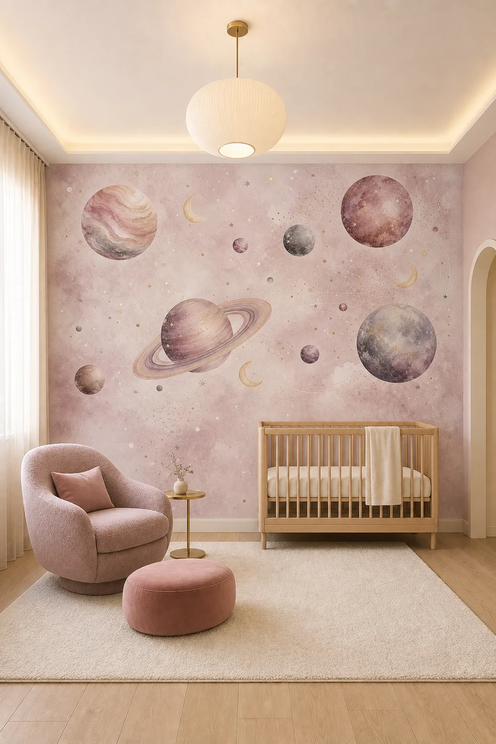 Dreamy blush watercolor planets nursery mural installed ceiling-to-floor in a refined contemporary nursery with an oak crib, mauve boucle chair, and soft morning light.