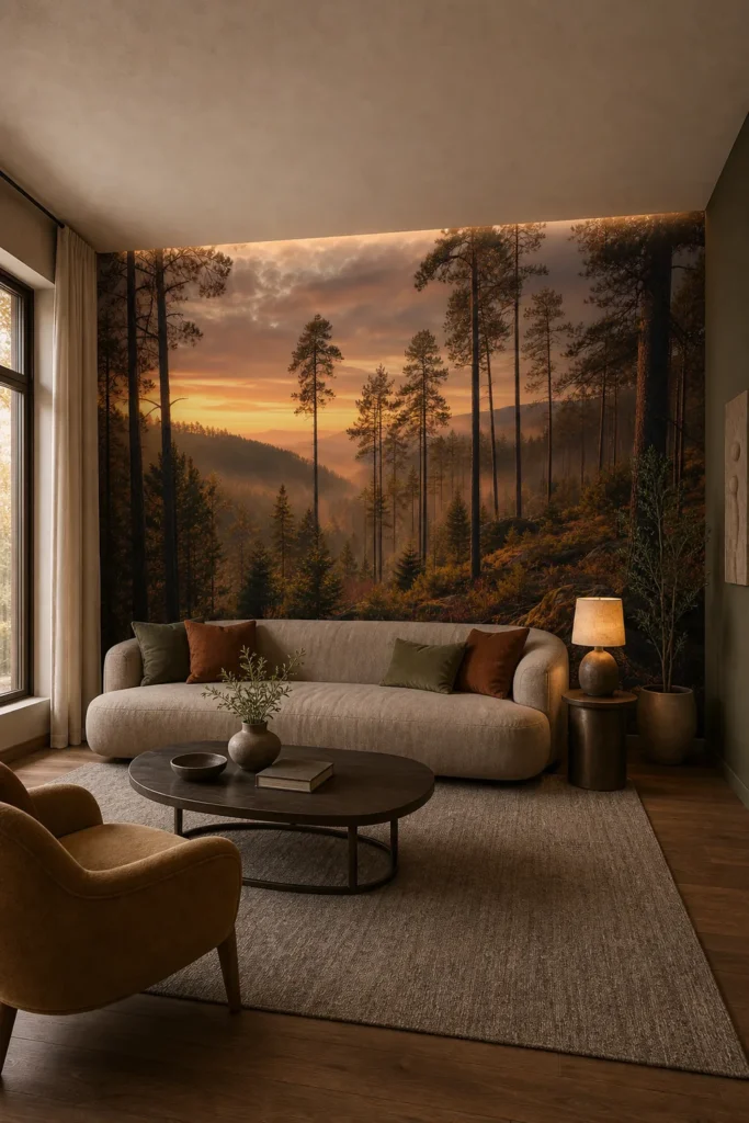 Amber sunset pine ridge mural displayed floor-to-ceiling in a warm contemporary mountain living room with taupe seating and golden side light.