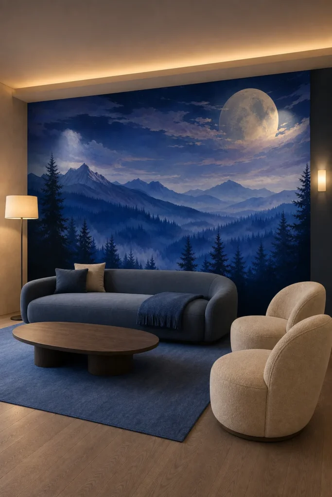 Refined contemporary living room featuring a moonlit midnight pine forest mural across the panoramic wall, with slate-blue seating and warm layered lighting.