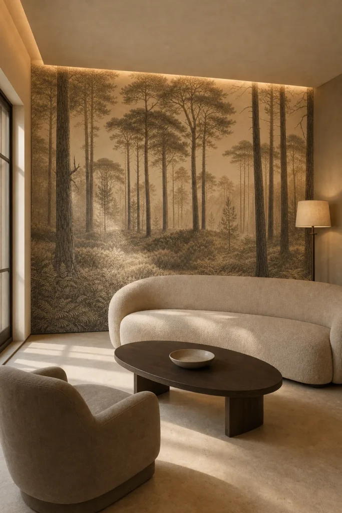 Sunlit sepia pine woodland mural displayed floor-to-ceiling in a warm contemporary living-room showroom with a curved sand bouclé sofa.
