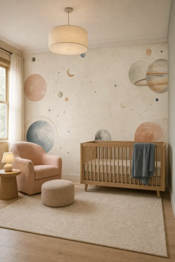 Refined vintage-modern nursery featuring a scandinavian celestial planets mural, natural oak crib, blush boucle chair, and soft daylight.