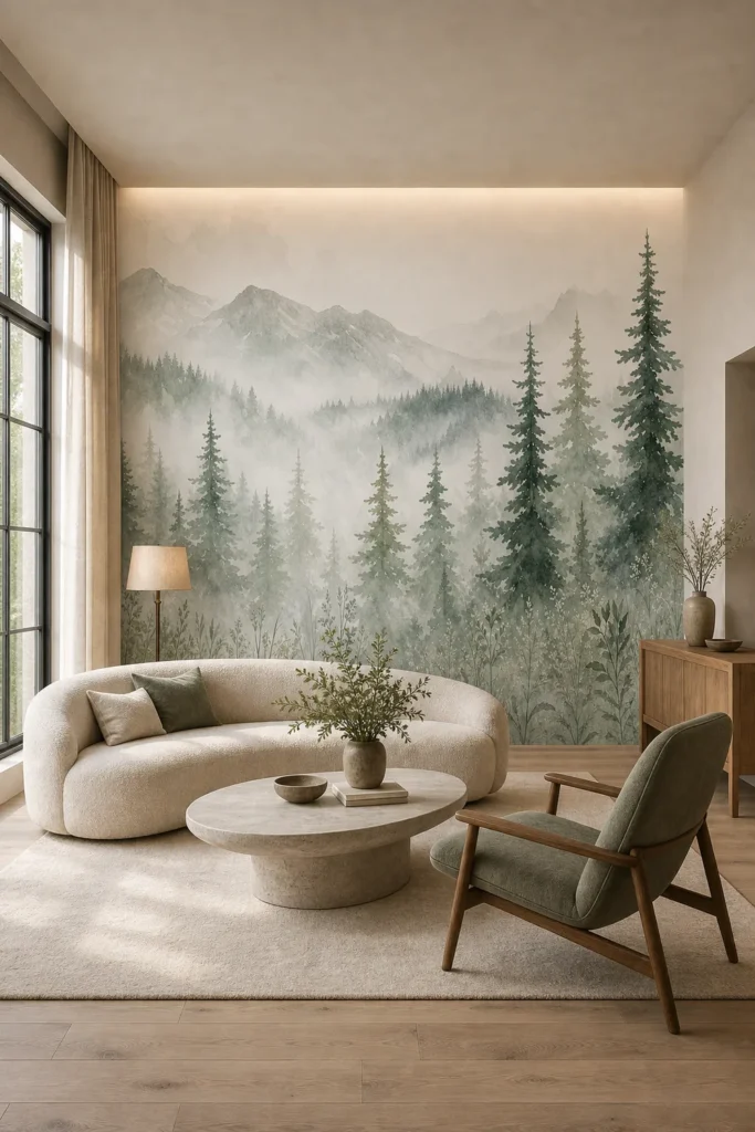 Airy contemporary-organic living room showcasing a sage watercolor pine mountain mural across the full main wall behind a curved parchment sofa.