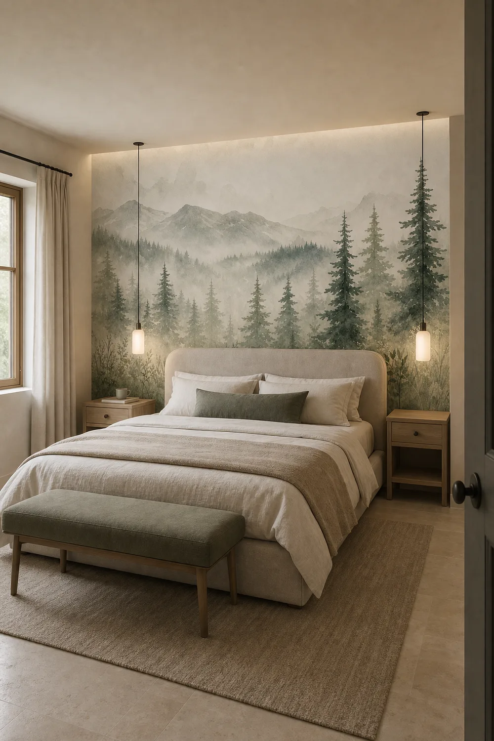 Quiet modern cottage bedroom featuring a sage watercolor pine mountain mural behind a low upholstered bed, pale-oak tables, olive bench, and soft daylight.