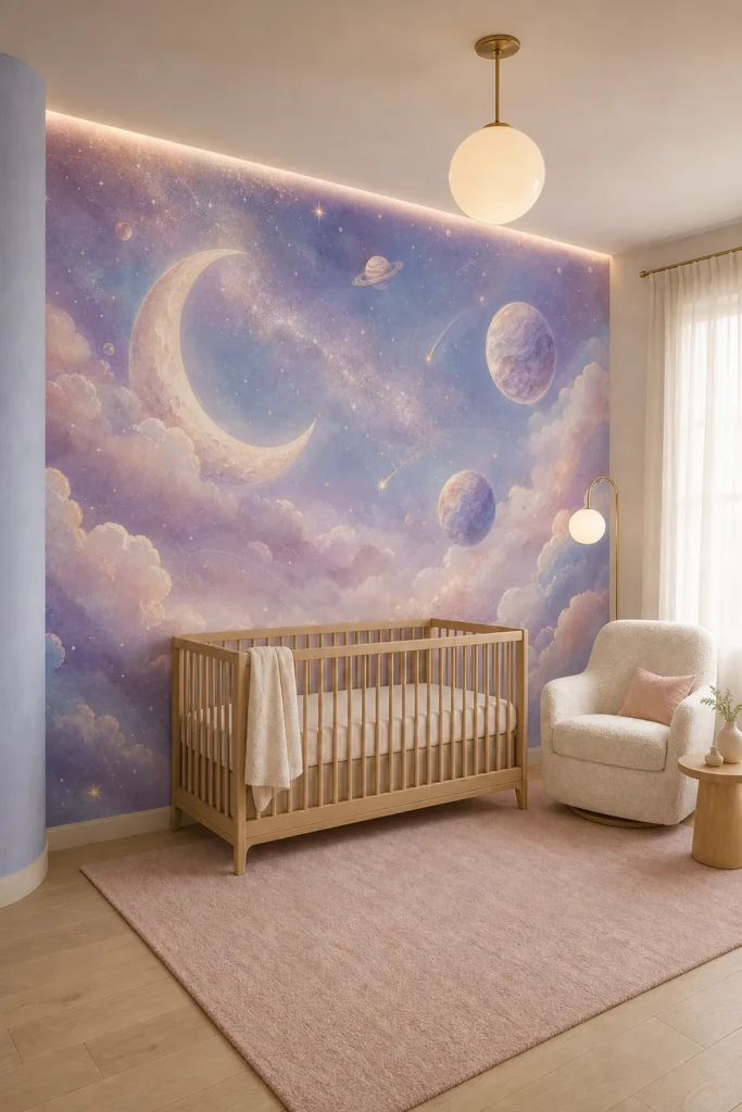 Pastel cosmic clouds moon mural installed ceiling to floor in a serene contemporary nursery with a pale-oak crib and pearl-white nursing chair.