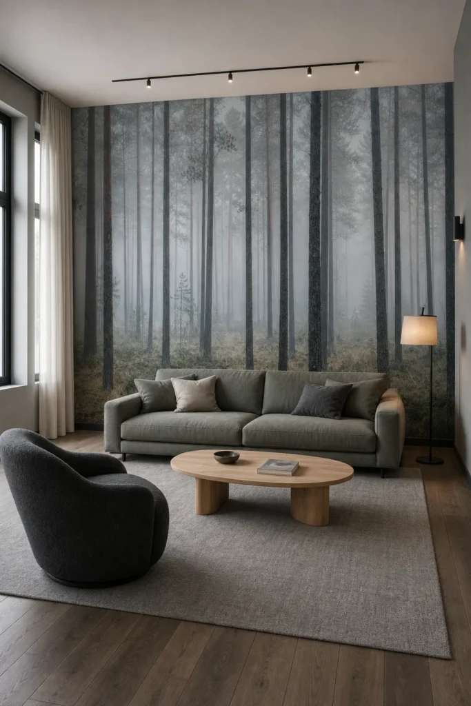 Refined Nordic living room showcasing a misty silver pine forest mural across the full feature wall behind sage-gray seating.