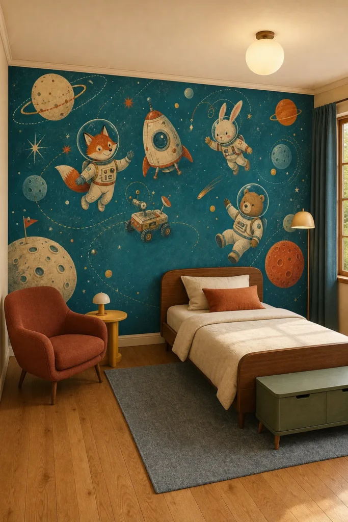 Warm mid-century children's bedroom showcasing a retro animal astronauts space mural on the full wall behind a walnut bed.