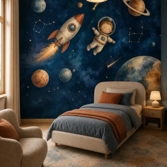 Warm contemporary children's bedroom featuring a midnight astronaut rocket nursery mural behind a low upholstered bed.
