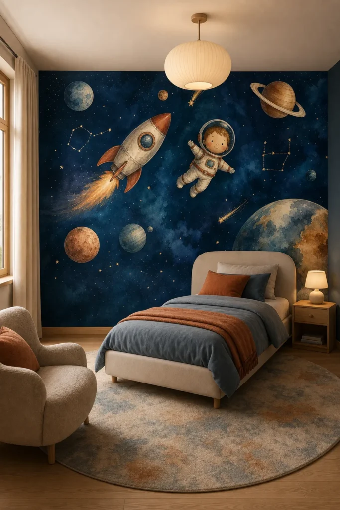 Warm contemporary children's bedroom featuring a midnight astronaut rocket nursery mural behind a low upholstered bed.