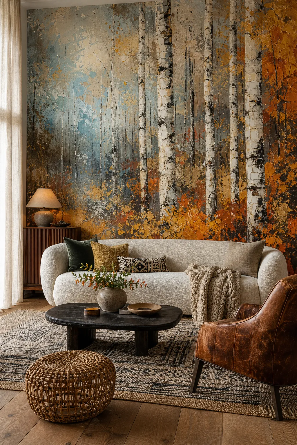 Warm living room with an abstract mural of golden autumn birch trees