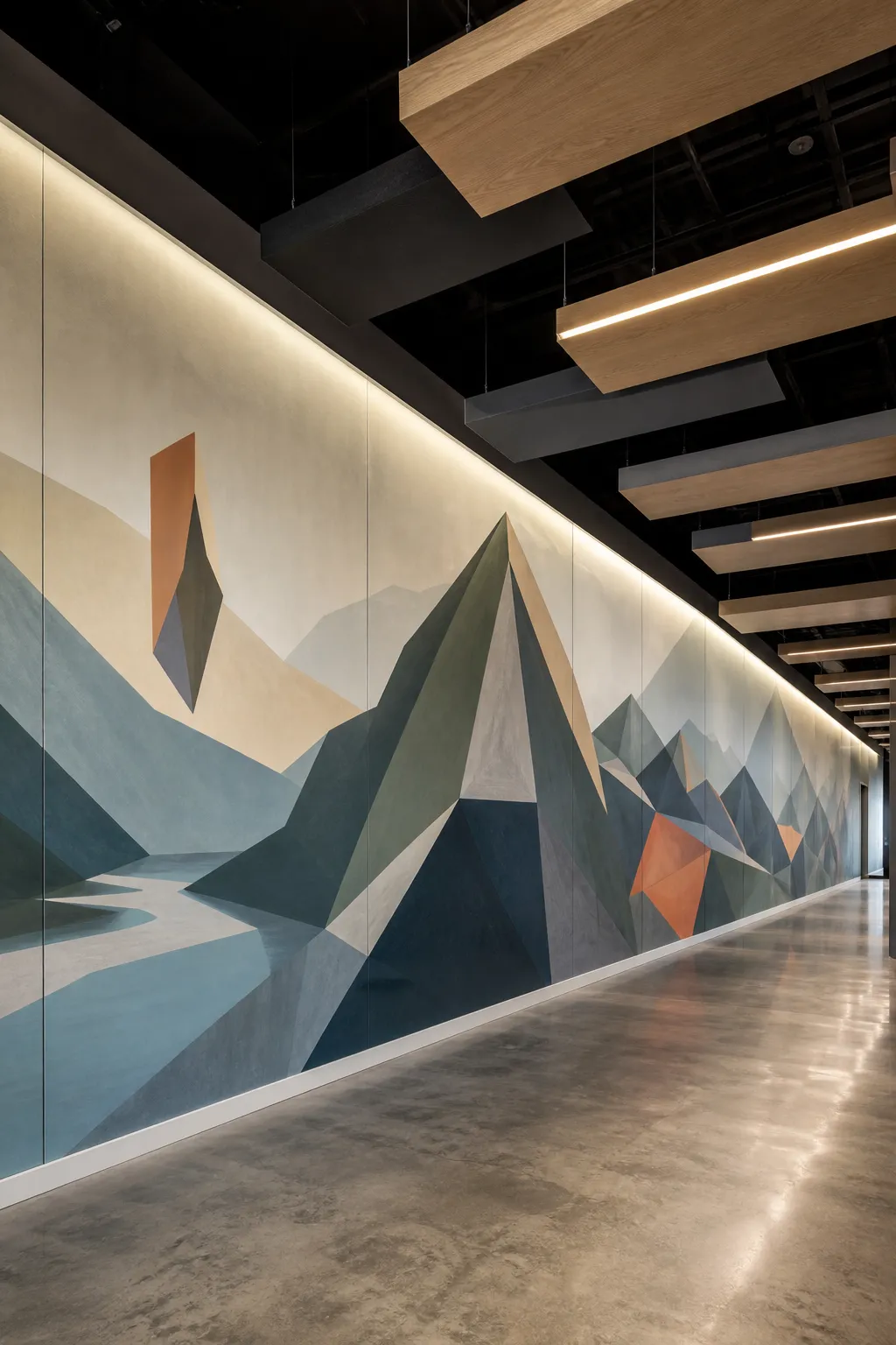 Long hallway with an abstract geometric mountain mural guiding the eye forward