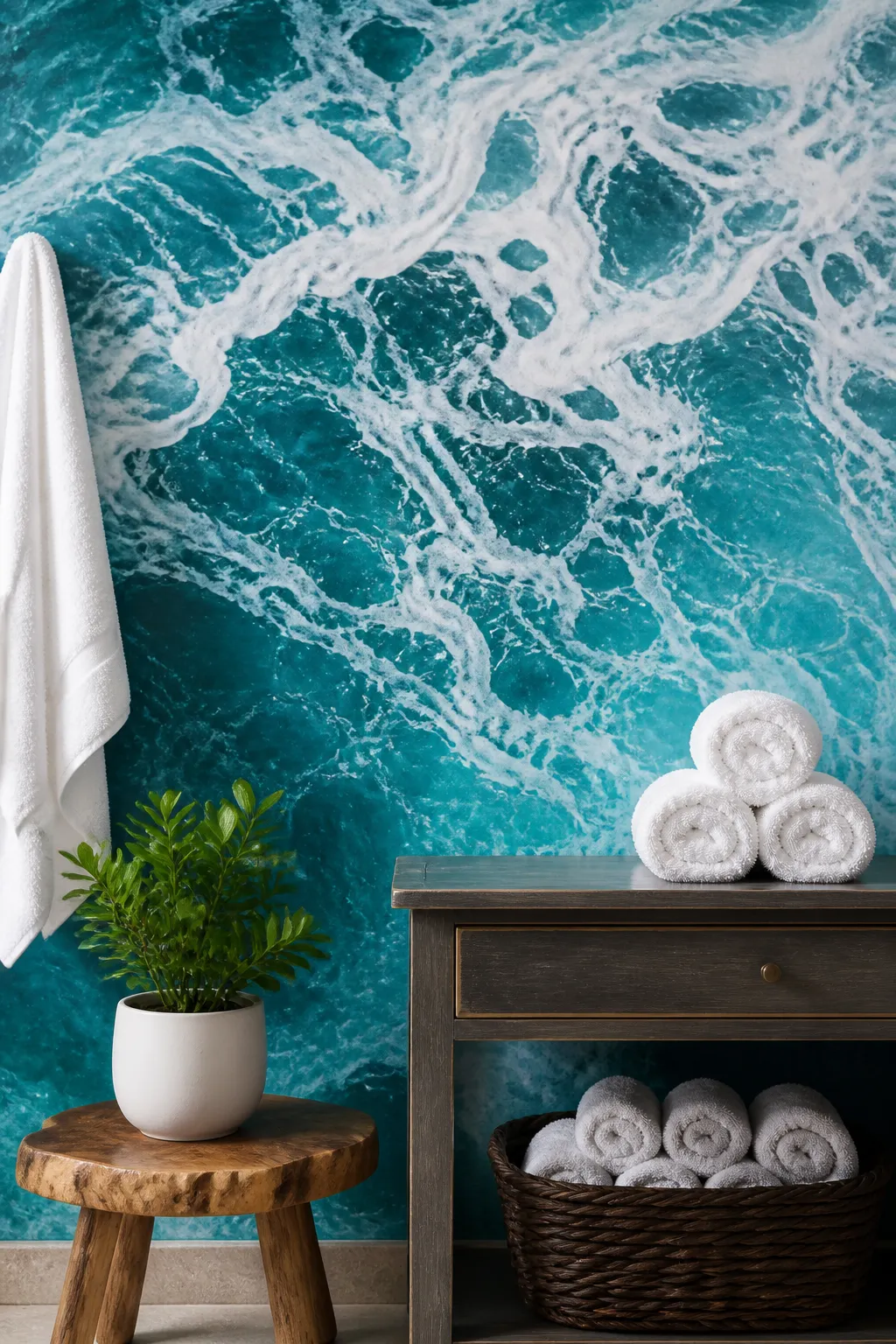 Modern bathroom with an aerial mural of rolling blue ocean waves