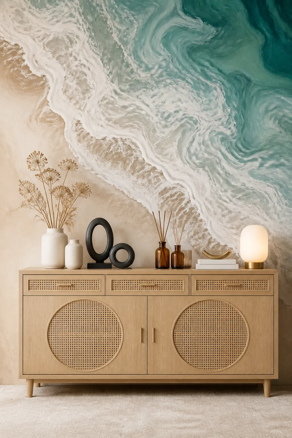 Artistic aerial wave mural paired with natural rattan furniture