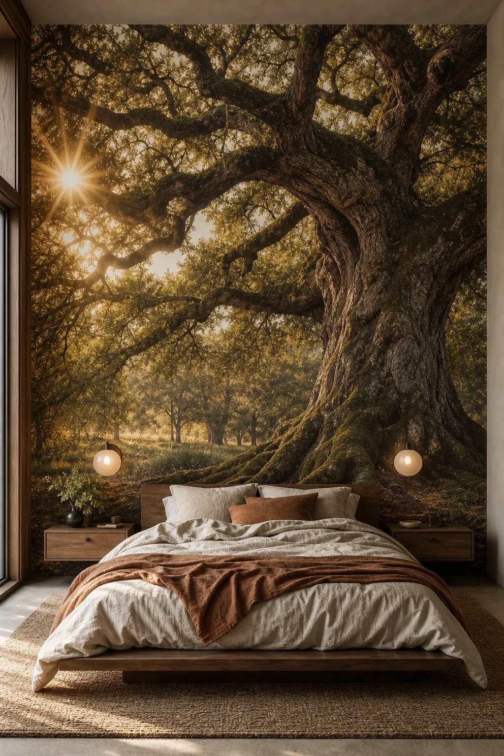 Restful bedroom centered beneath a mural of a broad ancient oak tree