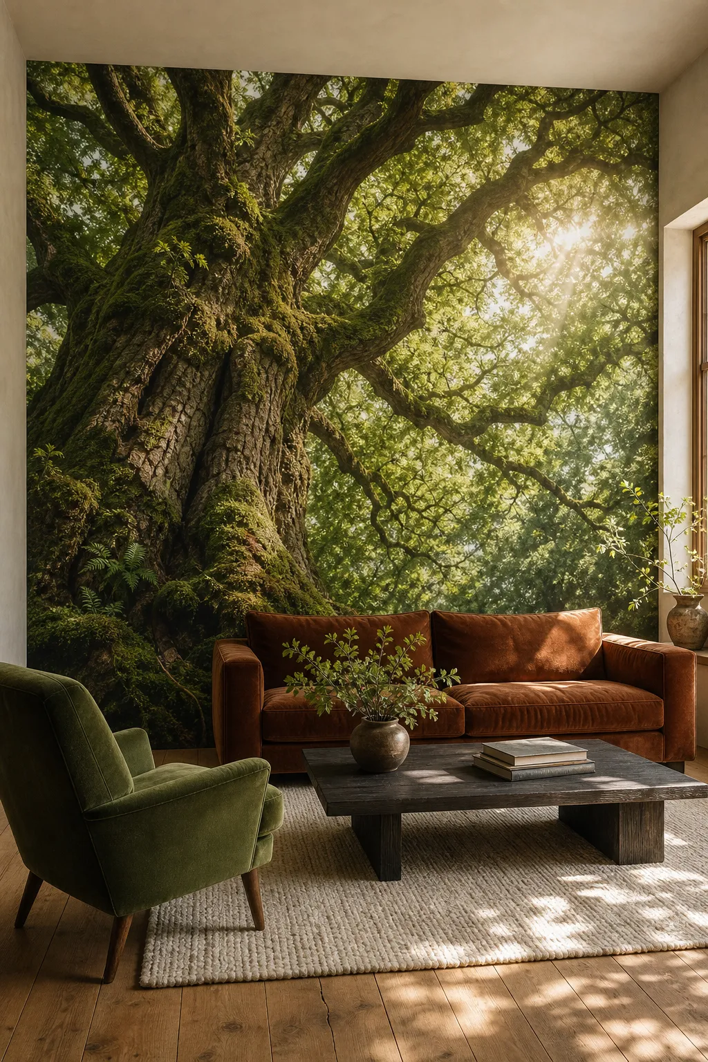 Elegant living room featuring a large majestic oak tree mural