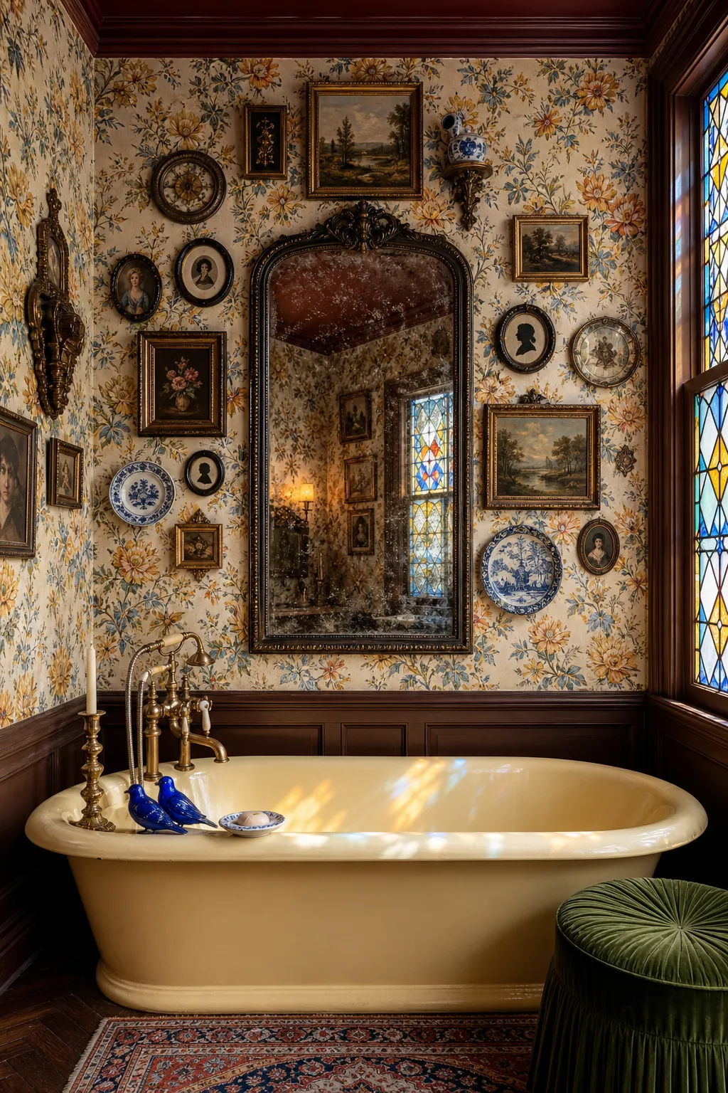 Maximalist vintage bathing nook with patterned wallpaper and layered antique artwork