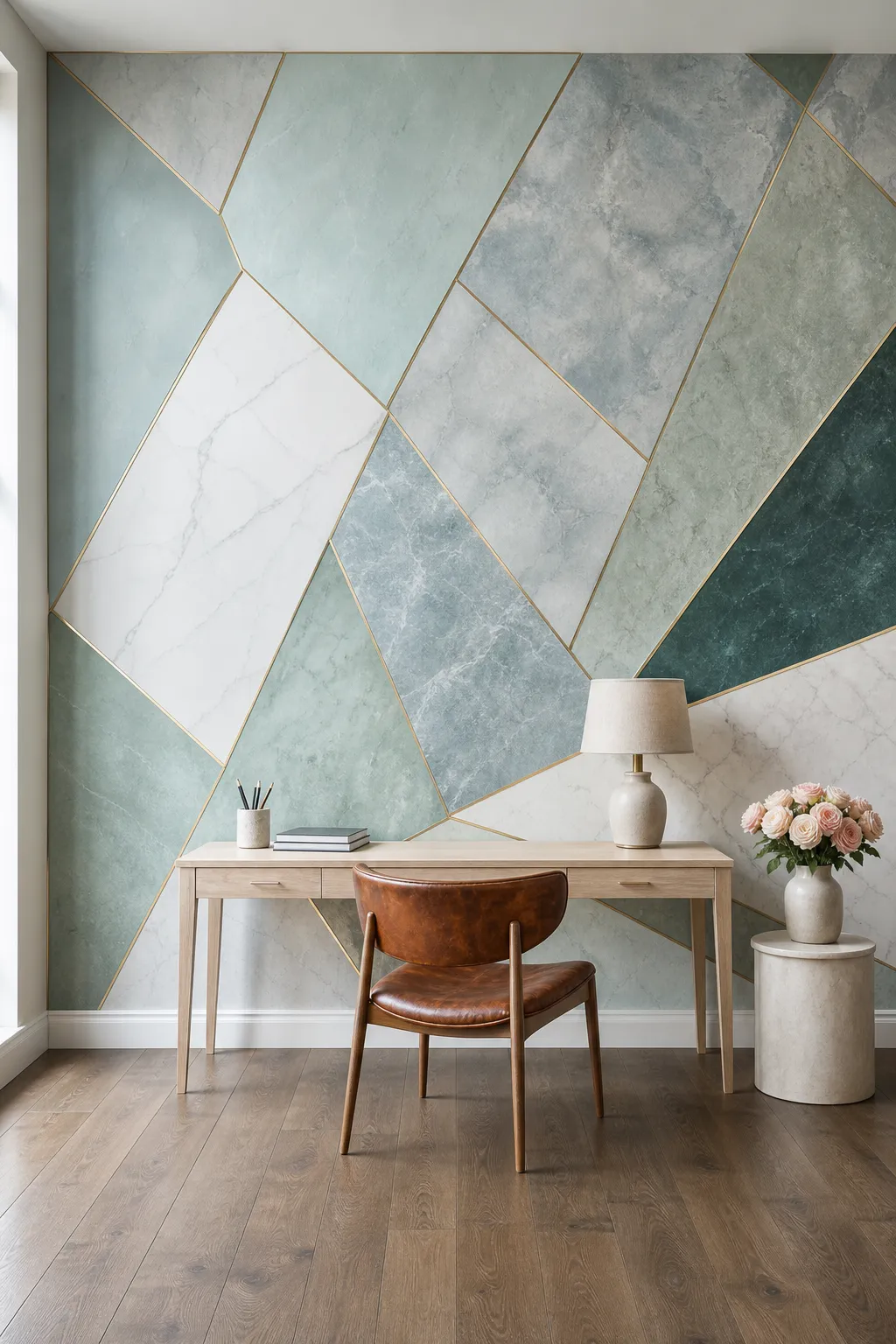 Serene home office with an aqua marble geometric feature wall