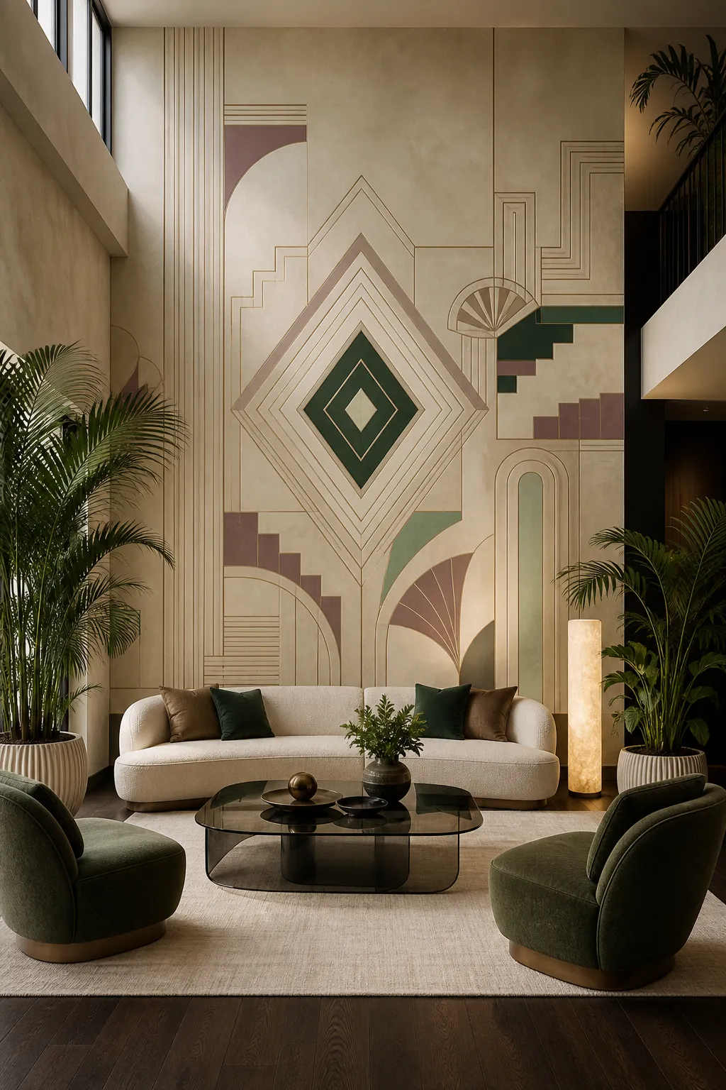Elegant lounge with delicate Art Deco geometric linework on the wall