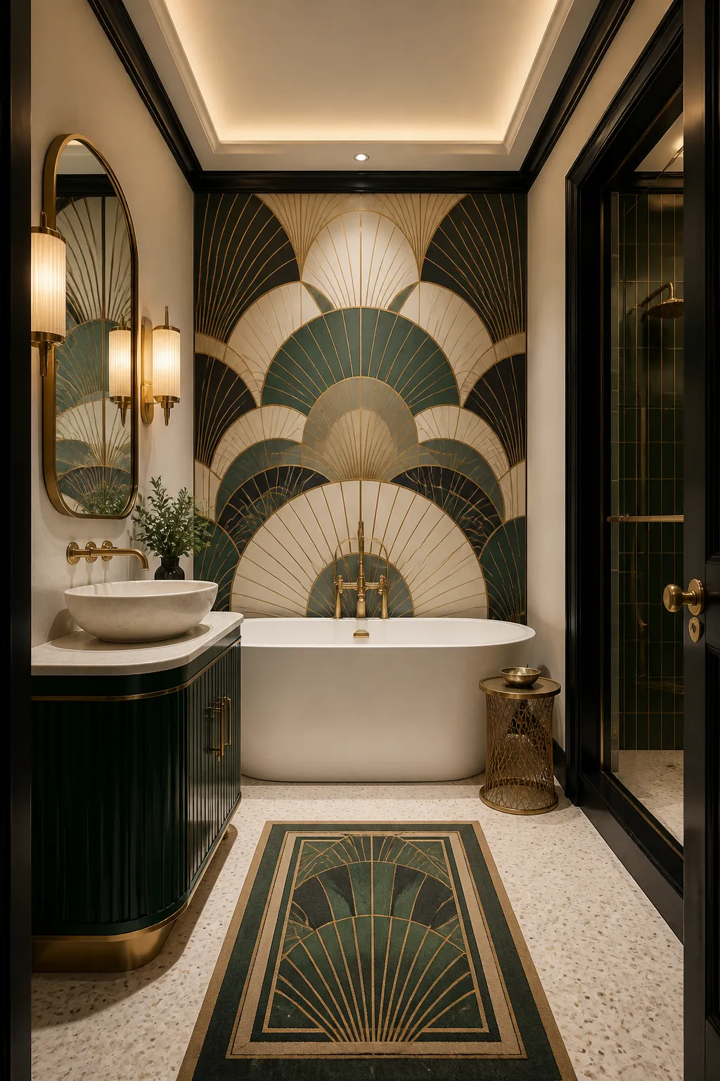 Art Deco bathroom featuring graphic heritage wallpaper and polished vintage accents