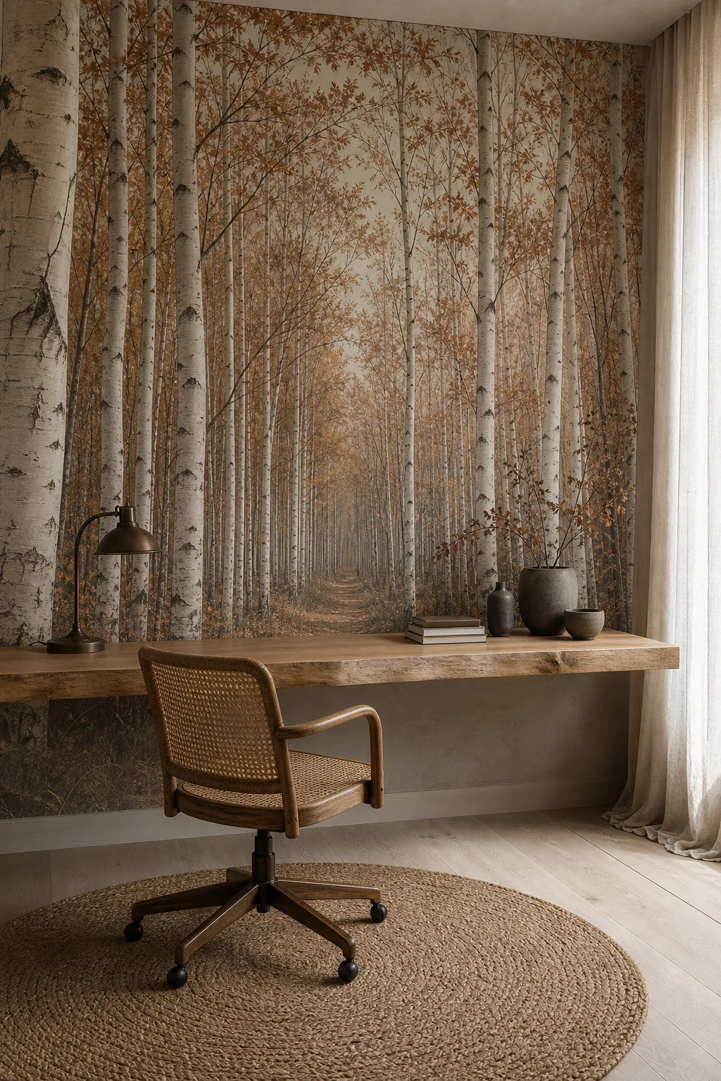 Cozy home office with warm autumn birch trees covering the wall behind the desk
