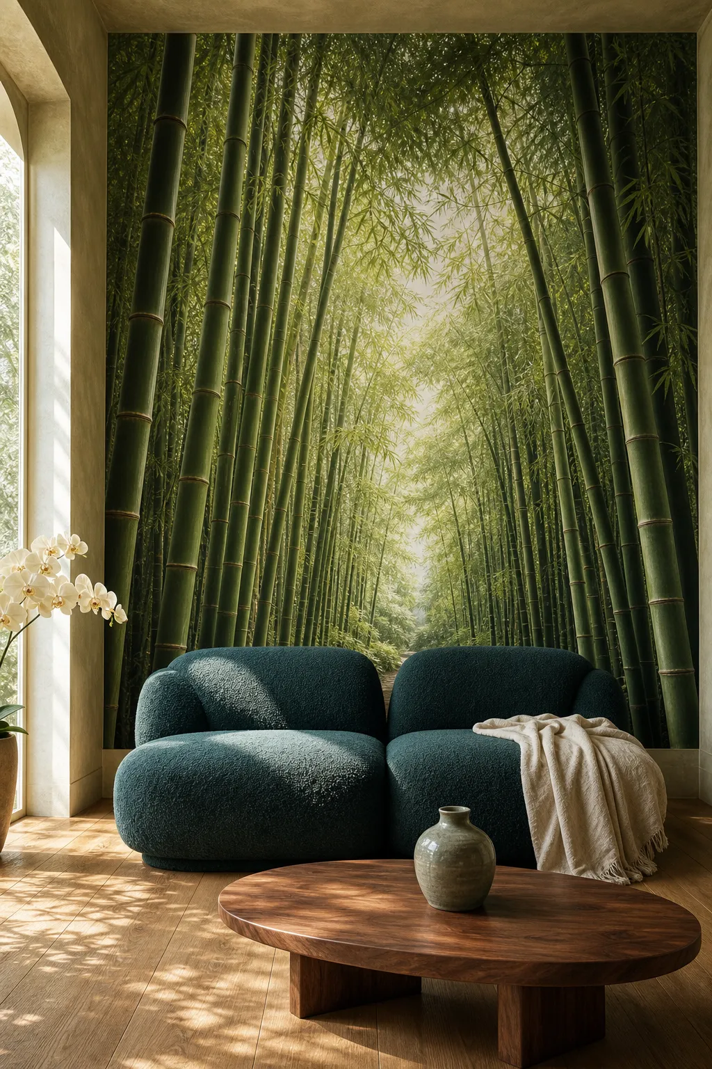 Serene reading nook framed by a mural of tall bamboo stalks