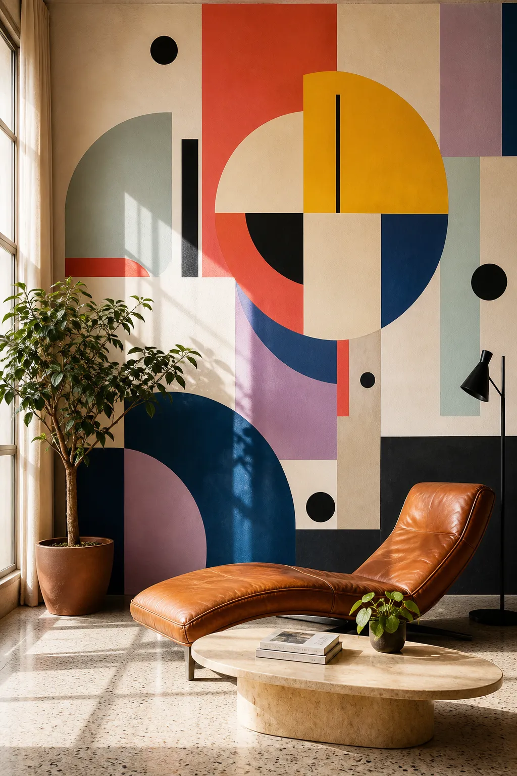 Bold reading lounge with a Bauhaus-inspired mural of circles, lines, and primary colors