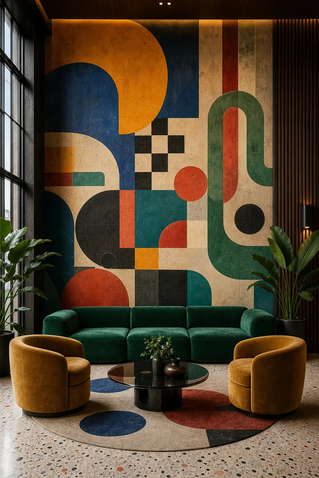 Retro lounge with a bold Bauhaus-inspired geometric centerpiece