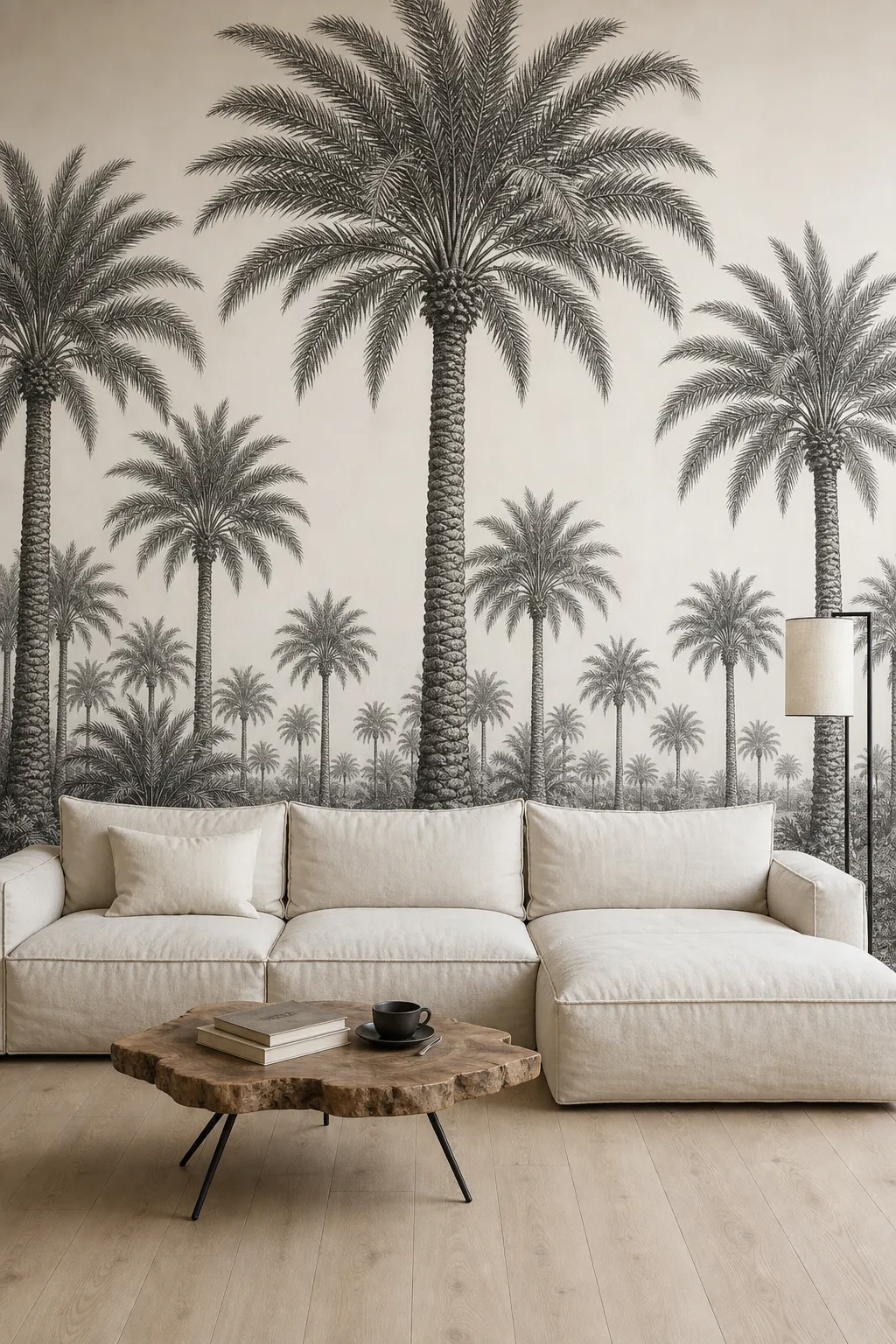 Chic living room framed by a black-and-white palm tree mural and refined neutral furniture
