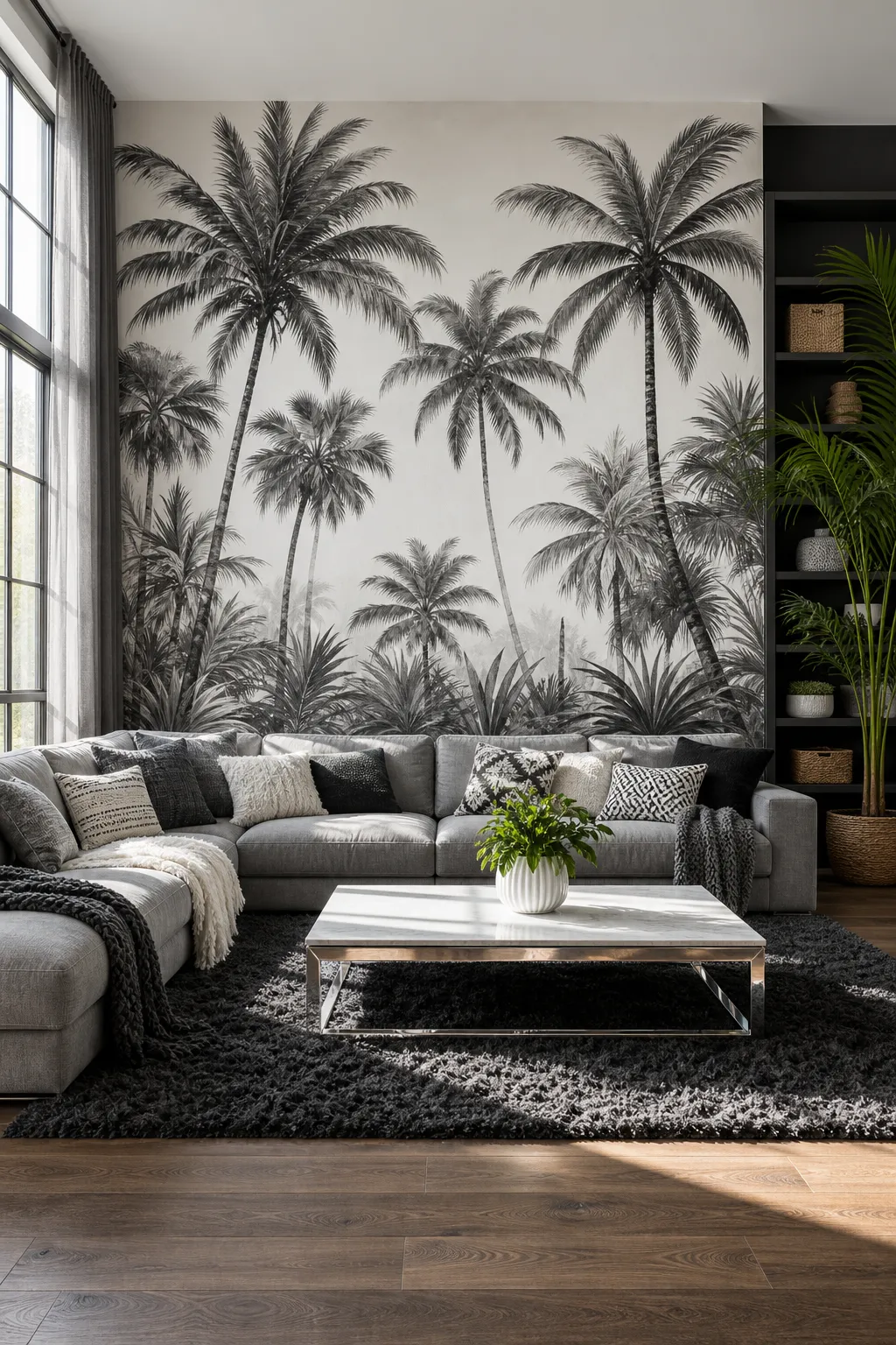 Contemporary room with a bold black-and-white palm feature wall and simple modern furnishings