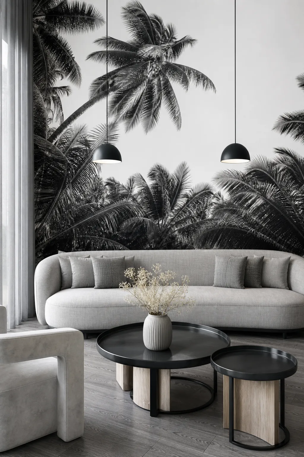 Modern lounge featuring a crisp black-and-white palm mural and streamlined decor