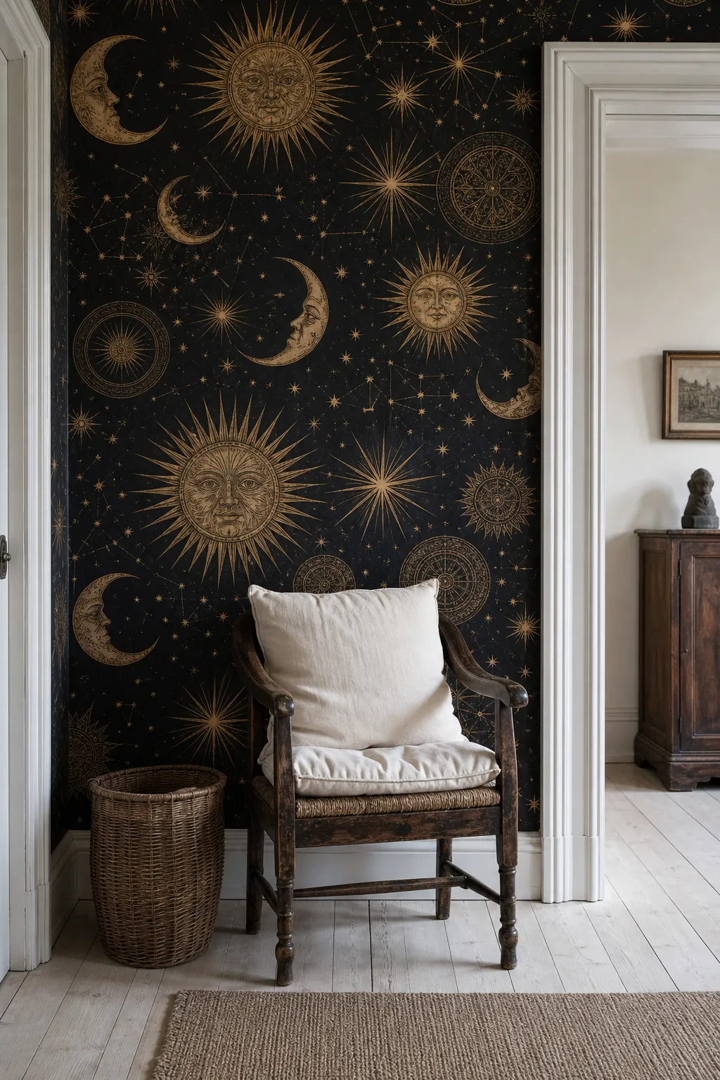 Black reading nook with a gold celestial mural, velvet chair, and metallic accents