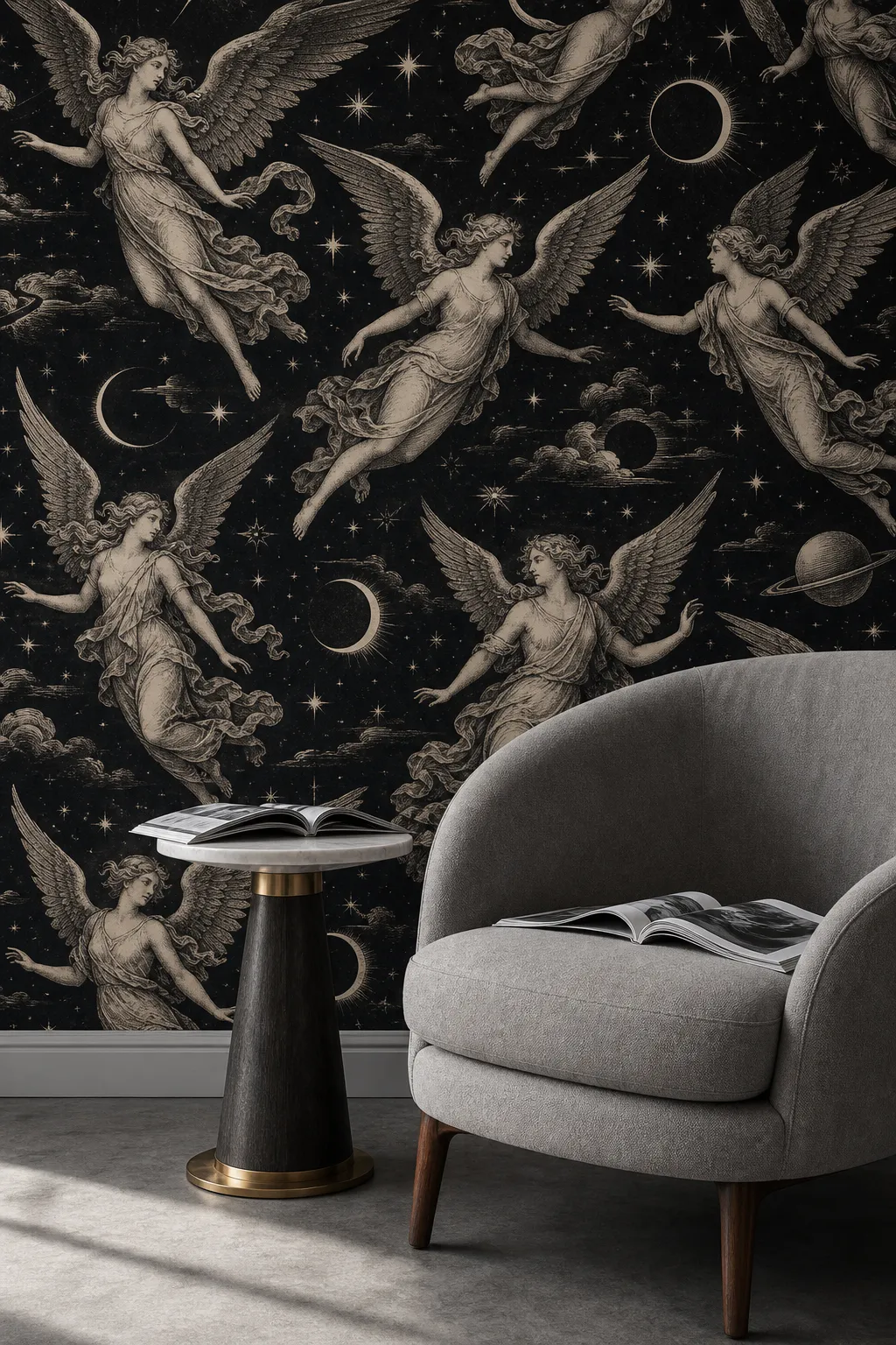 Elegant room with a dramatic black-and-white mural of classical angelic figures
