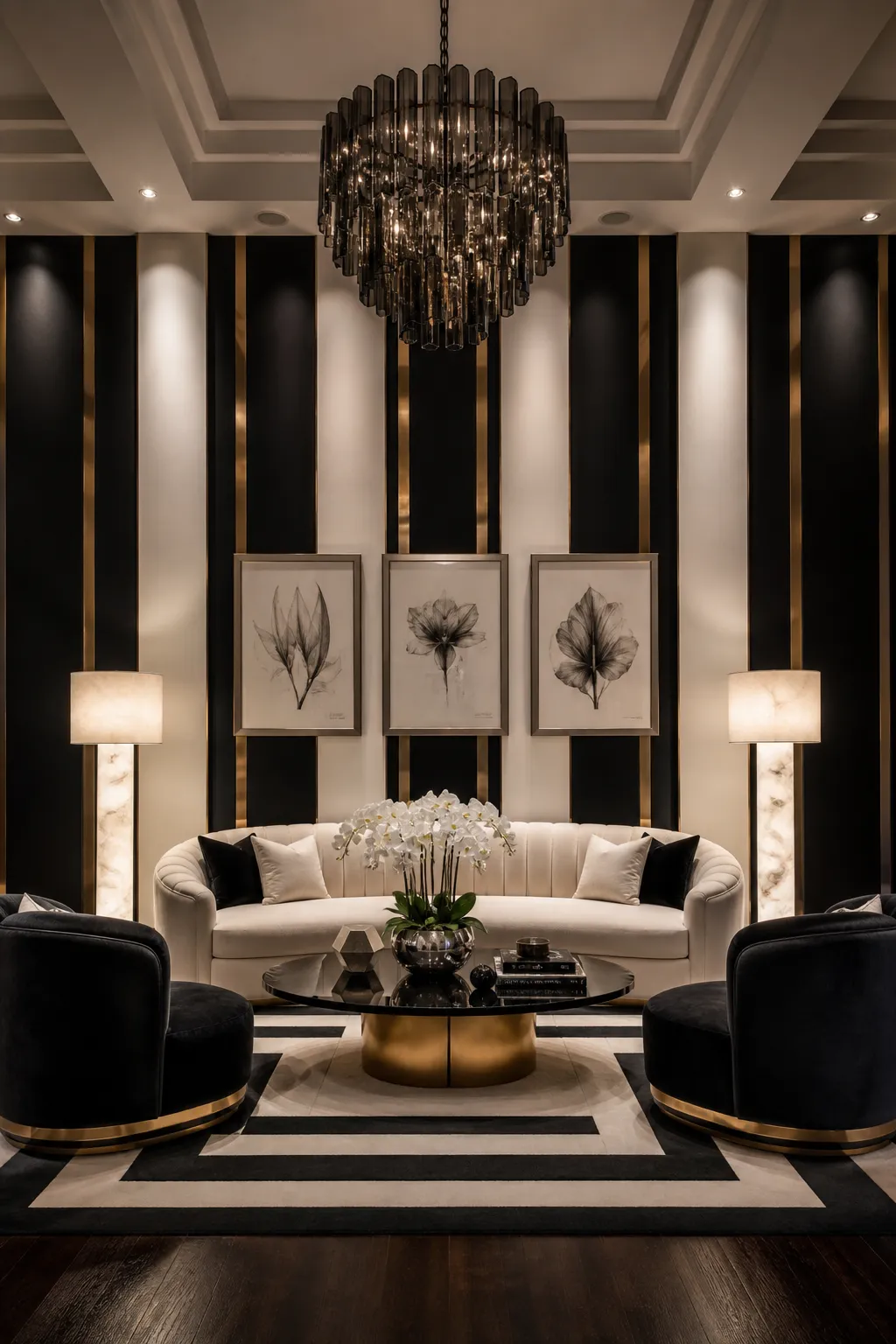 Black-and-white striped living room styled with glamorous metallic accents