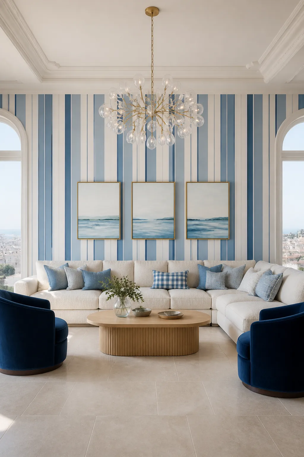 Fresh living room decorated with classic blue-and-white striped walls