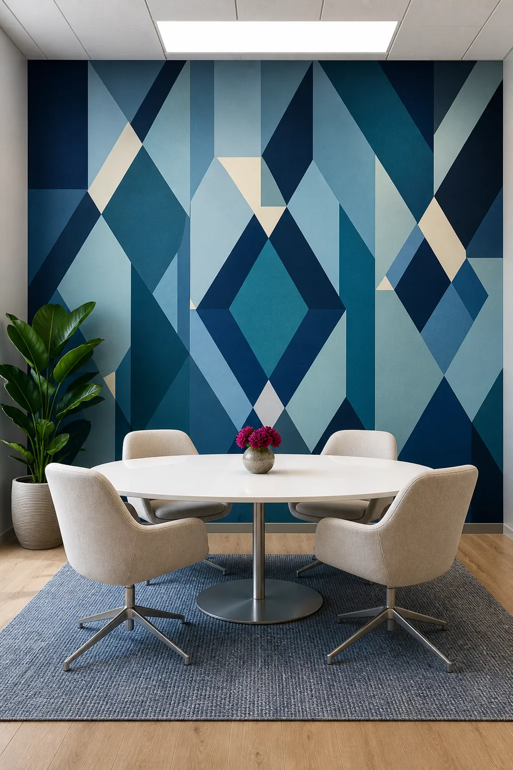 Focused meeting room with layered blue geometric wall forms