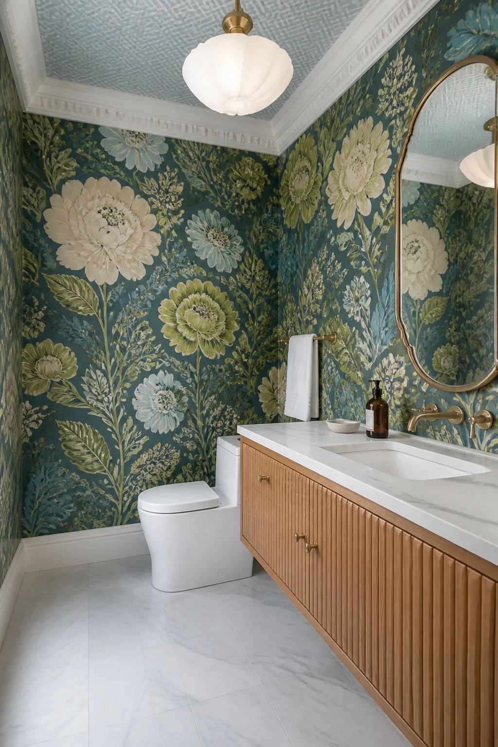 Maximalist bathroom wrapped in dense blue-green botanical wallpaper