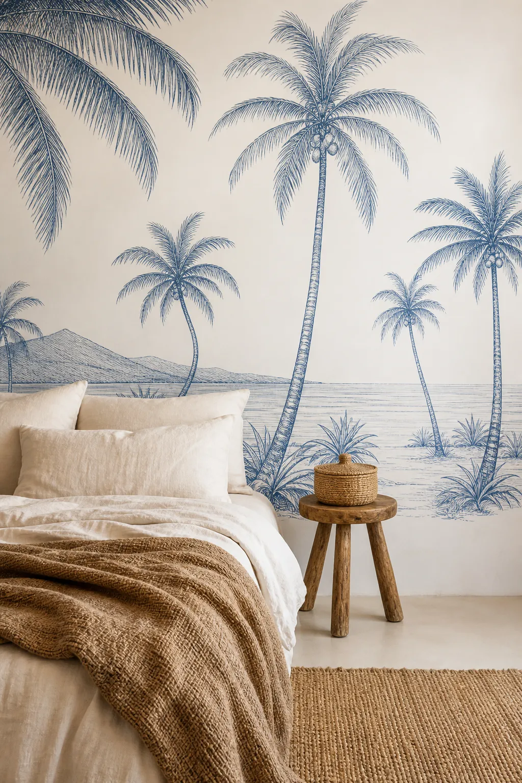 Coastal bedroom with blue line-art palm wallpaper, white bedding, and natural woven accents