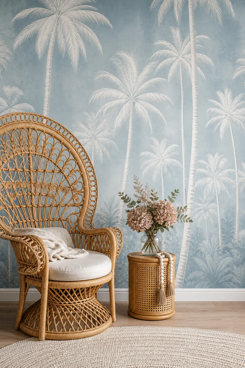Breezy reading corner with a blue palm mural, rattan chair, and light bohemian accents