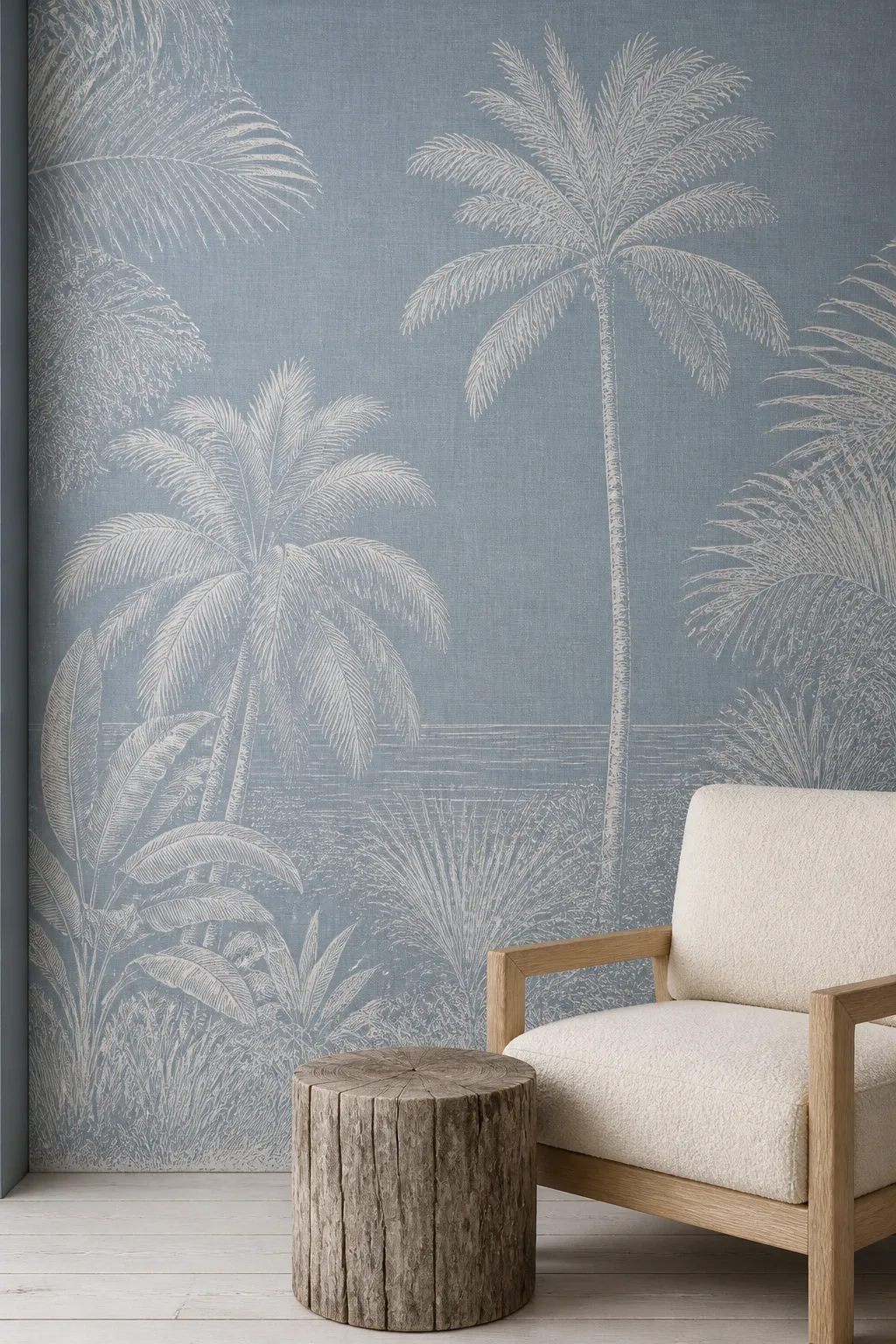 Coastal reading nook finished with a serene blue palm mural and a comfortable light-colored chair