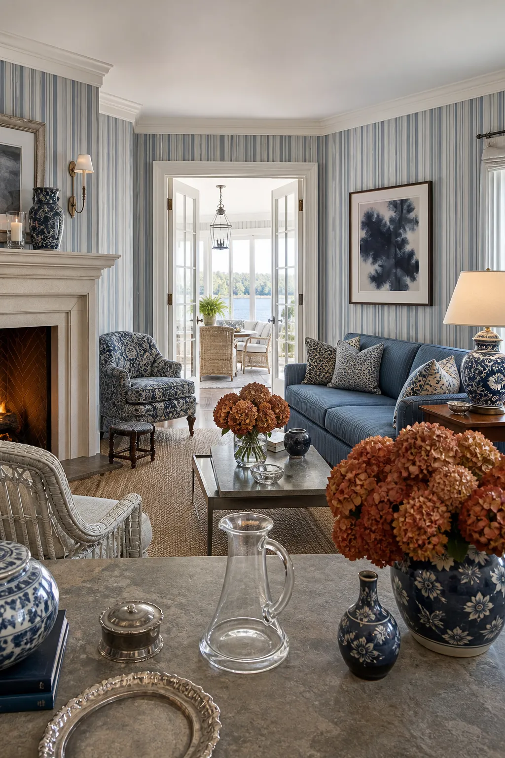 Airy coastal room decorated with breezy blue striped walls