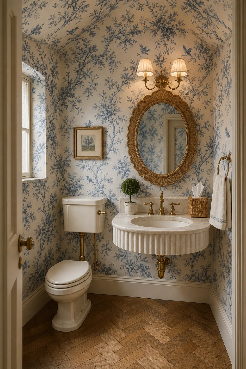 Dreamy powder bathroom covered in traditional blue toile wallpaper