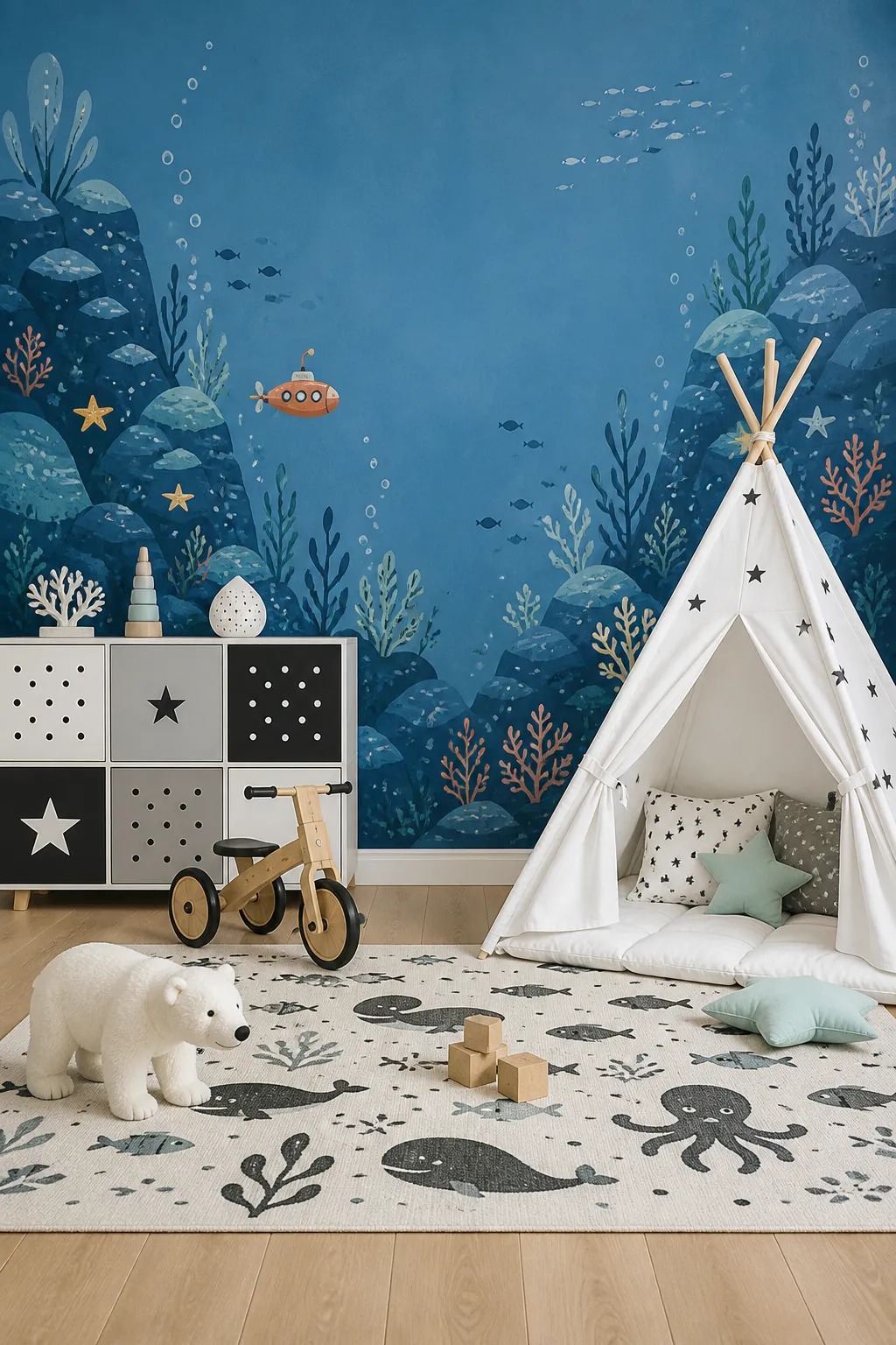 Blue underwater adventure mural in a children’s playroom