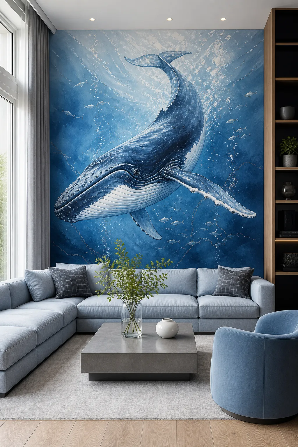 Contemporary living room with an oversized blue whale statement mural