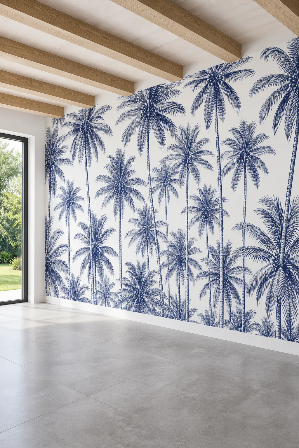 Airy coastal room decorated with a blue-and-white palm mural and pale furnishings
