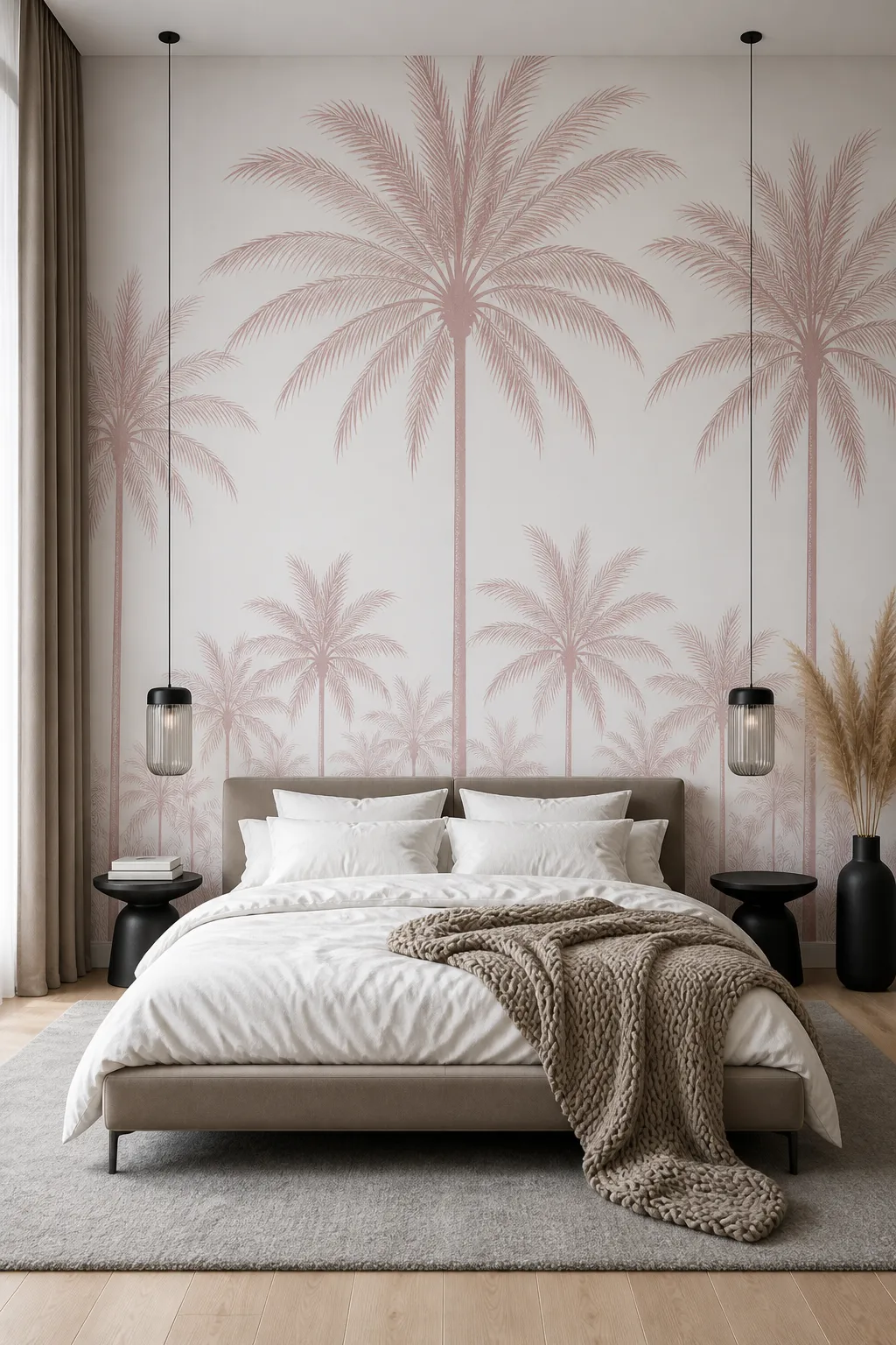 Minimal modern bedroom featuring soft blush palm wallpaper and simple neutral furnishings