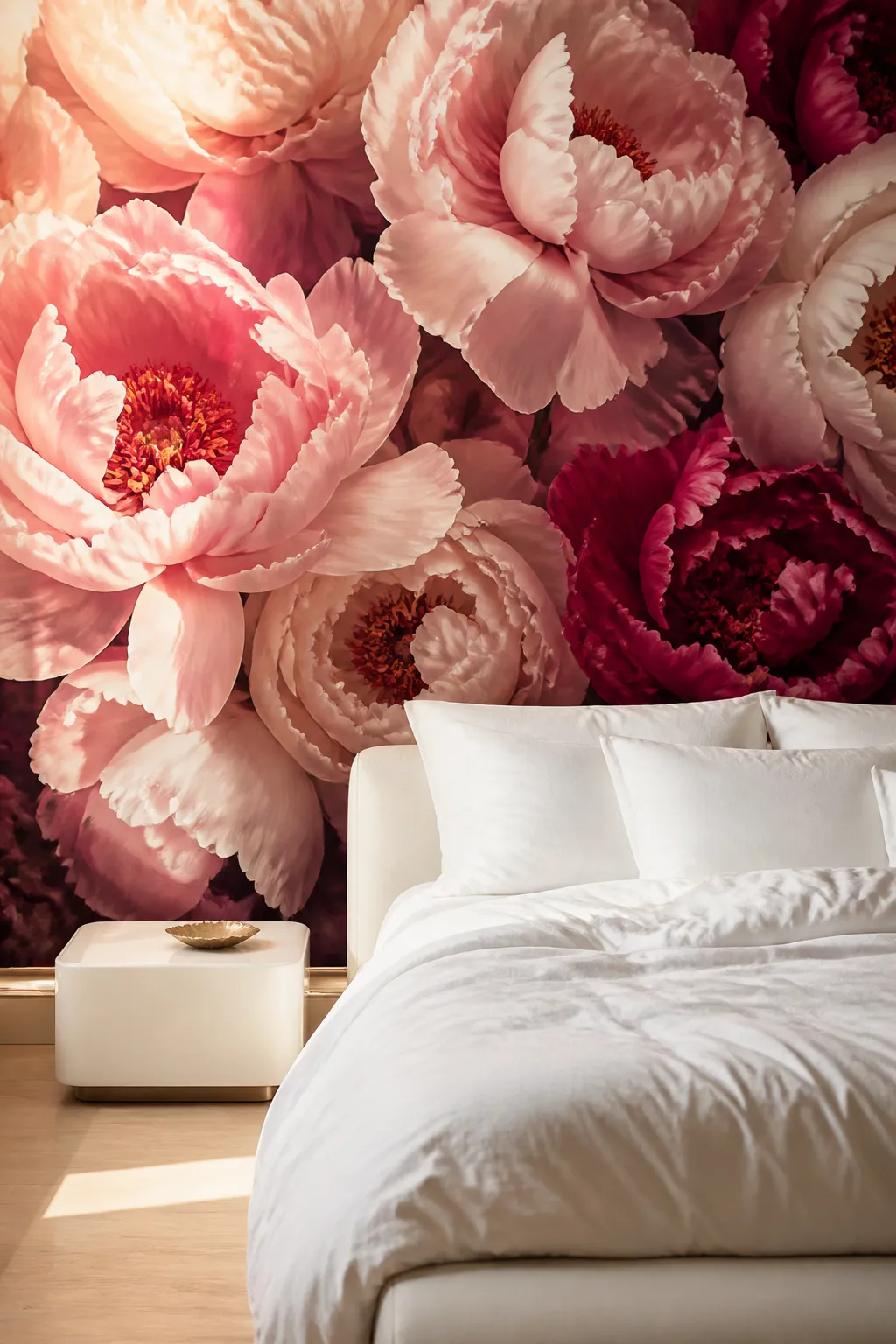 Dreamy blush bedroom with an oversized pink peony mural behind the bed